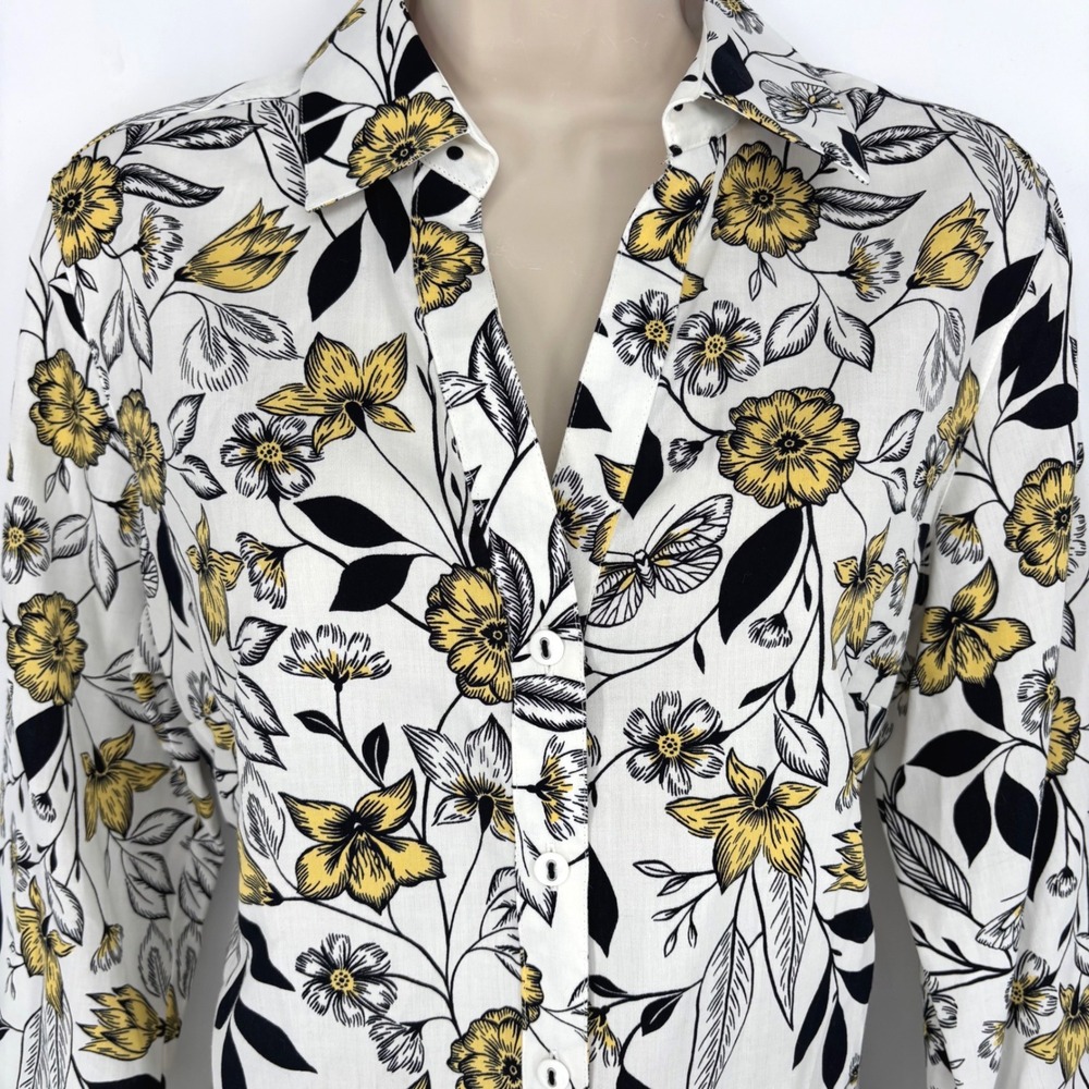 Foxcroft NYC Mary Floral Sunbeam Yellow Cotton Wrinkle Free Blouse Size 8 NEW